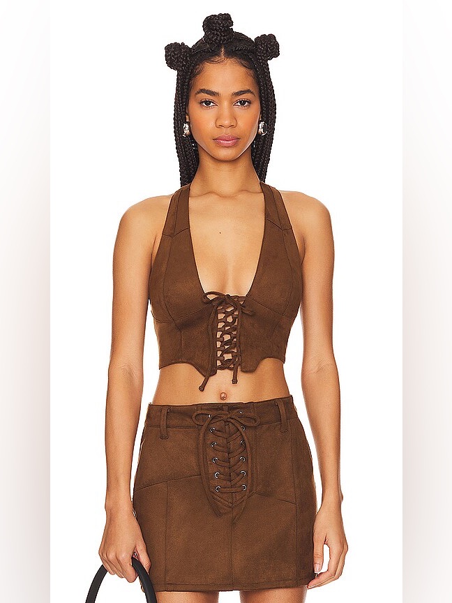 Afrm Brown Lace-Up Suede Crop Top
